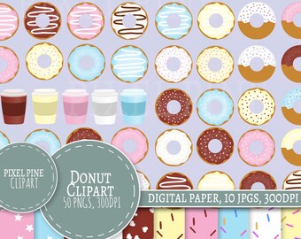 Donut Clipart, Colourful donut clip art 50 PNGs, 10 donut Digital Paper JPGs, Commercial Use, doughnut clipart, doughnut pngs, donut pngs