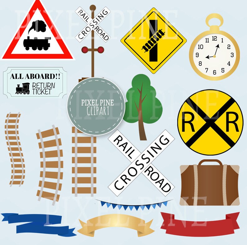 Train Clipart Set, 32 PNGs, 5 Train Digital Paper JPGs, Commercial Use, Train clip art, Train set clip art, train track clipart, trains png image 2