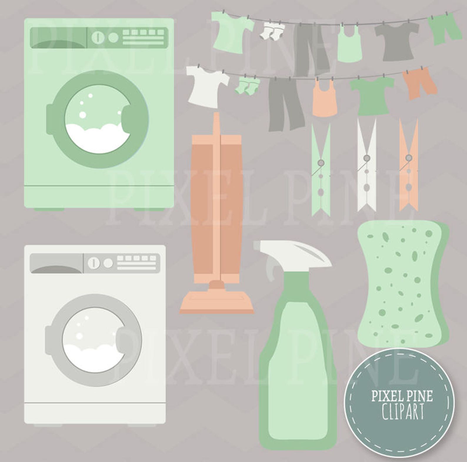 Laundry Day Pink and Mint Clipart Set, 32 Pngs, 5 Laundry Digital Paper