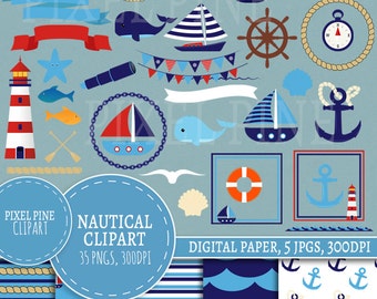 Nautical Clipart Set, 35 PNGs, 5 Nautical Digital Paper JPGs, Commercial Use, Nautical Elements clipart, clipart boat, anchor, blue nautical