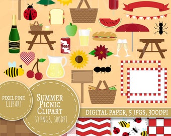 Picnic Clipart Set, Summer Picnic Clipart, 33 PNGs, 5 picnic Digital Paper JPGs, Commercial Use, Outdoors Picnic clipart, summer pngs