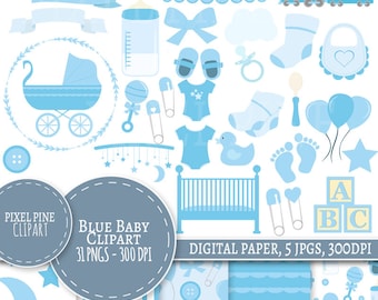 Baby Boy Clipart Set, 31 PNGs, 5 Baby Boy Digital Paper JPGs, Commercial Use, New baby clipart, baby shower clipart blue it's a boy clip art