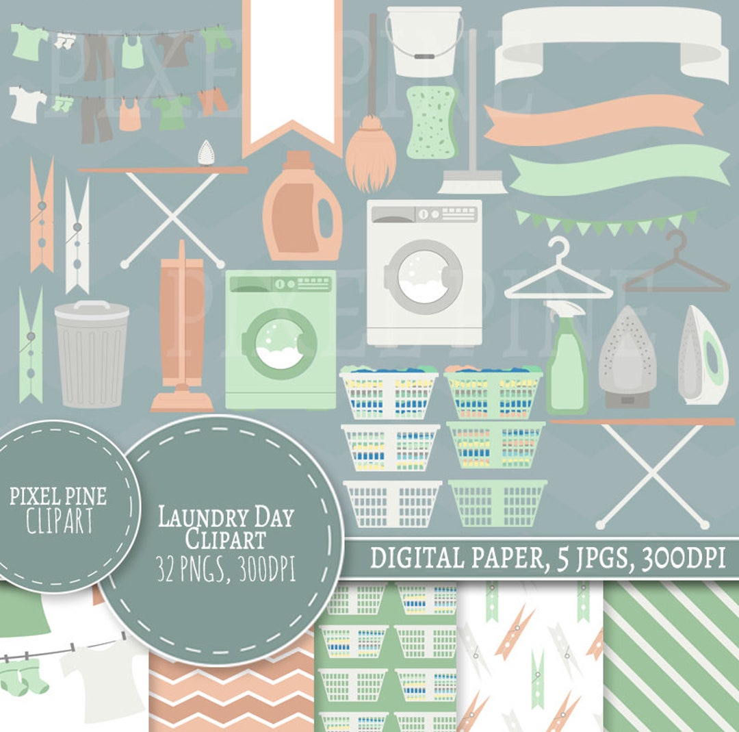 Laundry Day Pink and Mint Clipart Set, 32 Pngs, 5 Laundry Digital Paper
