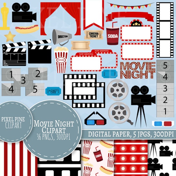 Movie Night Clipart, Cinema themed 36 PNGs, 5 Movie Digital Paper JPGs, Commercial Use, Hollywood clipart, movie clipart, film reel clip art