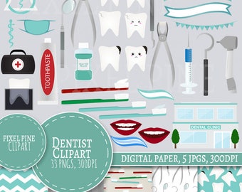 Dentist Clipart, Dentist themed clipart set 33 PNGs, 5 Dental Digital Paper JPGs, Commercial Use, Dental clinic clipart, Teeth Clipart pngs