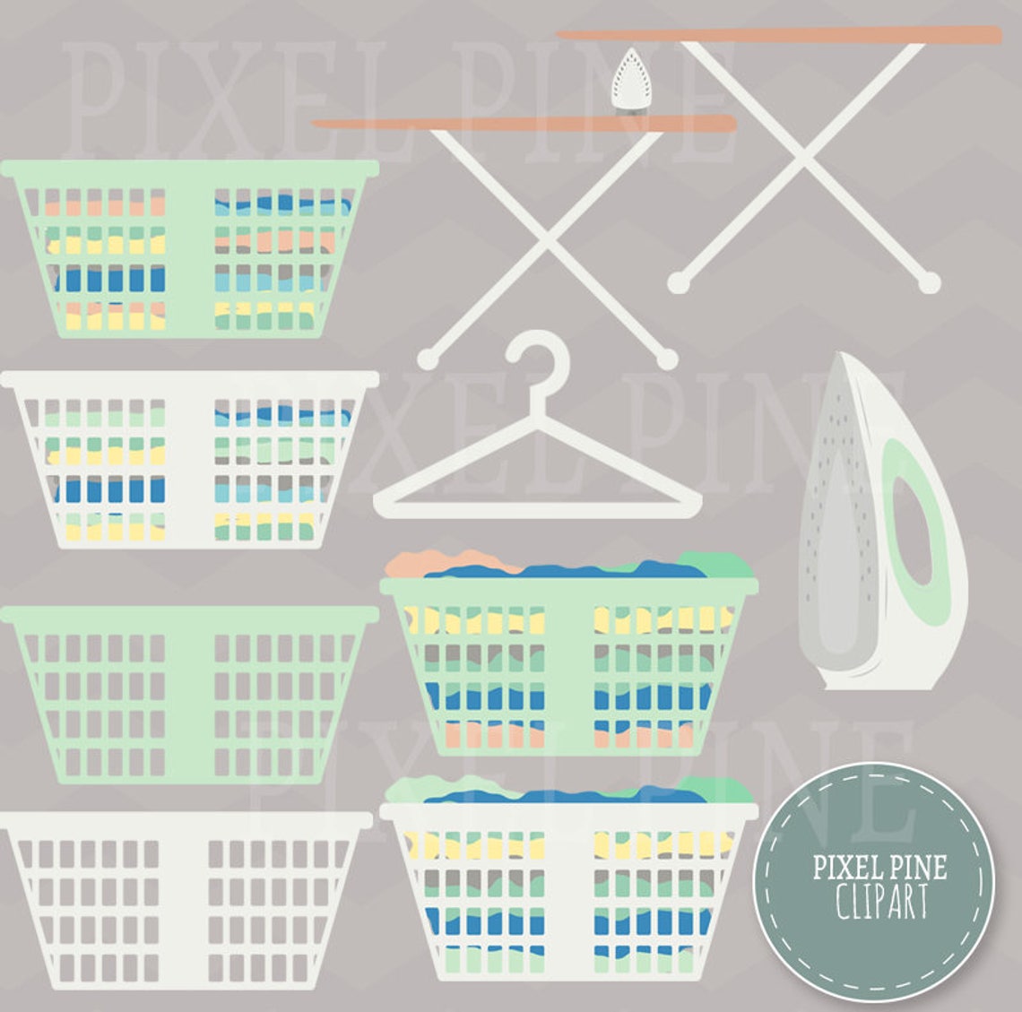Laundry Day Pink and Mint Clipart Set, 32 Pngs, 5 Laundry Digital Paper