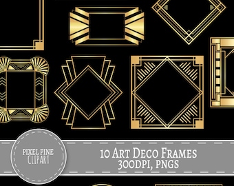 Art Deco Frames Black and Gold, 10 PNGs, Commercial Use, gold gatsby borders and frames, 10 gold digital frames, diy twenties scrapbooking