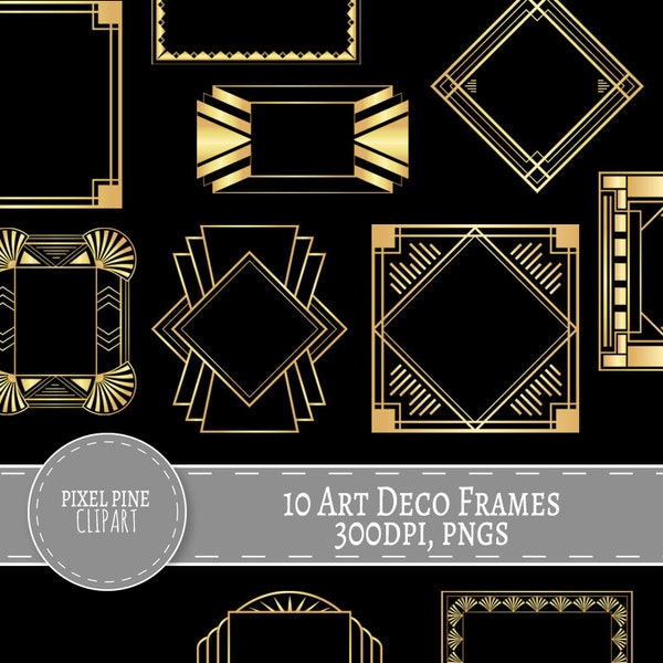 Art Deco Frames Black and Gold, 10 PNGs, Commercial Use, gold gatsby borders and frames, 10 gold digital frames, diy twenties scrapbooking