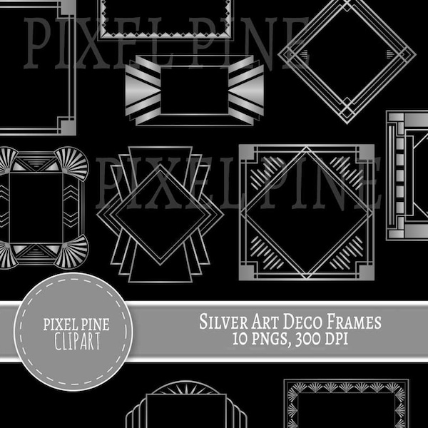 Art Deco Frames Black and Silver, 10 PNGs, Commercial Use, silver Art Deco borders, Gatsby silver frames, diy twenties scrapbooking