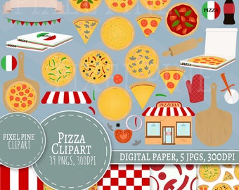 Pizza Clipart Set, 39 PNGs, 5 Pizza Party Digital Paper JPGs, Commercial Use, Pizza clipart, Build your own pizza clipart, clipart pizza png