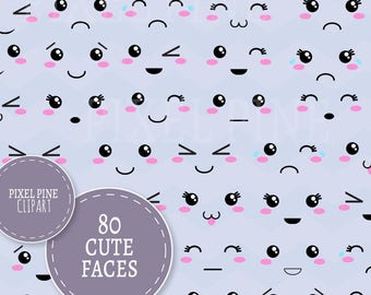 Kawaii Faces Clipart Set, 80 PNGs, Cute faces clipart, cute faces clip art, Commercial Use, expressions faces clip art, kawaii clipart pngs