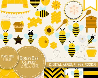 Bee Clipart Set, 32 PNGs, 5 BumbleBee Digital Paper JPGs, Commercial Use, Honey pot clip art, bee clip art, beehive clipart, honey bees png