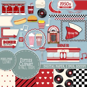 1950s Clipart Set, Red Diner 30 PNGs, 5 1950s Digital Paper JPGs, Commercial Use, Retro red Fifties clipart, 1950s clip art set