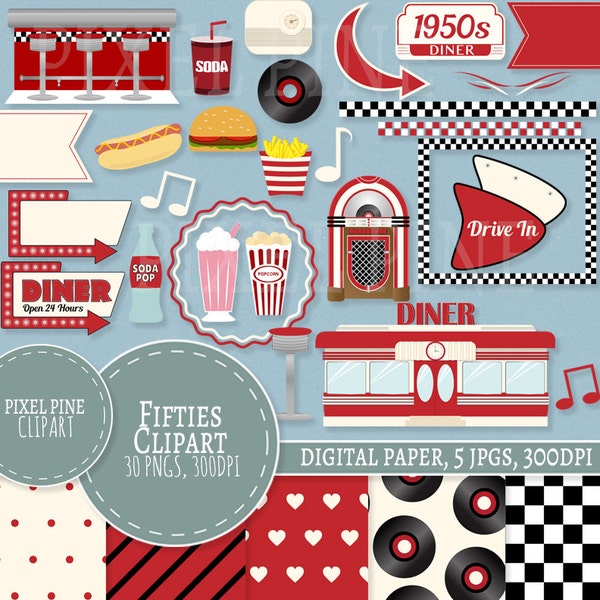 1950 roku clipartów zestaw, Red Diner 30 PNG, 1950 roku 5 cyfrowy papier jpg, komercyjnych, Retro czerwony pięćdziesiątych clipartów 1950 roku klip sztuka zestaw