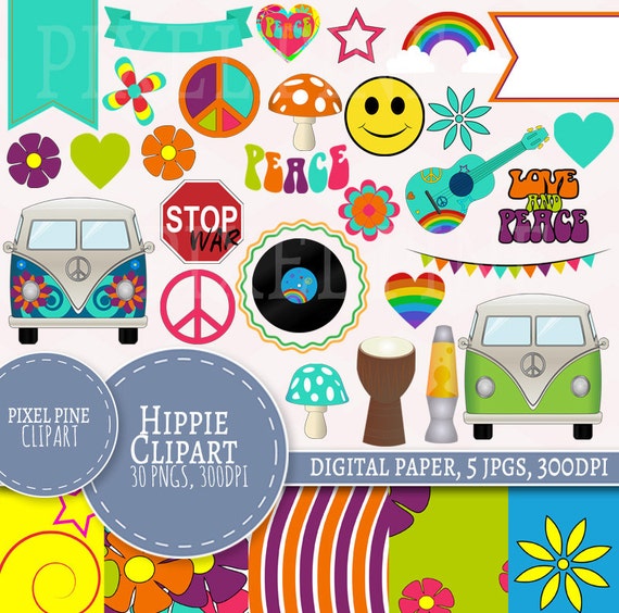 Hippie Clipart Set 30 Pngs 5 Hippie Digital Paper Jpgs Etsy