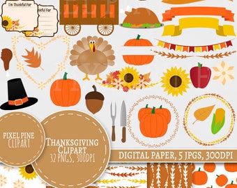 Thanksgiving Clipart, Thanksgiving themed 32 PNGs, 5 Digital Paper JPGs, Commercial Use, autumn clipart, fall clipart, thanksgiving fall png