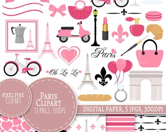 Paris Clipart Set, Pink Paris Clipart, 32 PNGs, 5 Paris Digital Paper JPGs, Commercial Use, black and pink French clipart, Eiffel Tower pngs