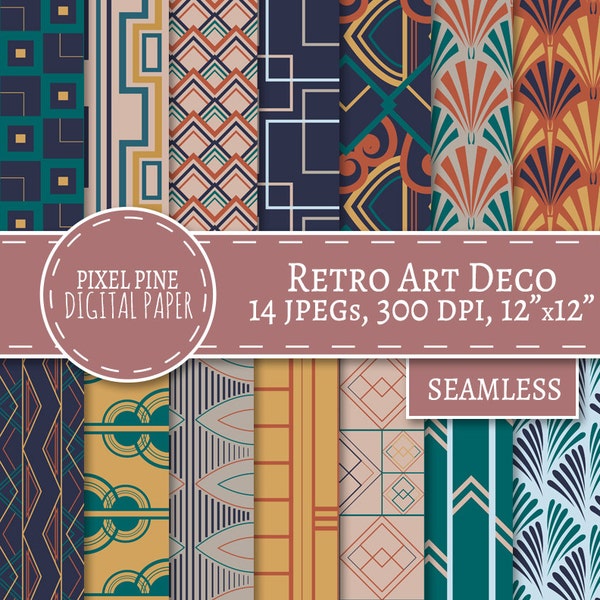 Retro Art Deco Digital Paper, 14 JPGs, Commercial Use, seamless retro color digital paper, diy retro scrapbooking, art deco color patterns