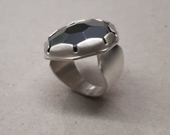 Hematite Stone, Handmade Artisan Sterling Silver Ring, Brutalist Design, One-of-a-kind Item