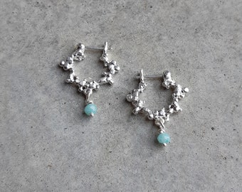 Silver grain earrings, Amazonite gemstone, snap hook closure.