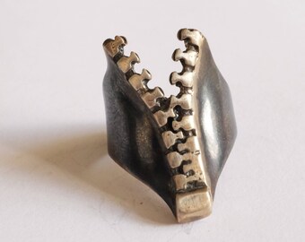 Oxidized Sterling Silver Zipper Ring: Handmade Rustic V-Shaped Band