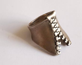 Oxidized Sterling Silver Zipper Ring: Handmade Rustic V-Shape Band
