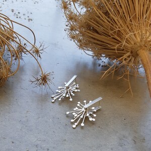 May include: A pair of silver earrings with a delicate, starburst design. The earrings are made of thin, silver wire that is twisted and shaped into a starburst pattern. The earrings are simple and elegant, and would be a great addition to any jewelry collection.