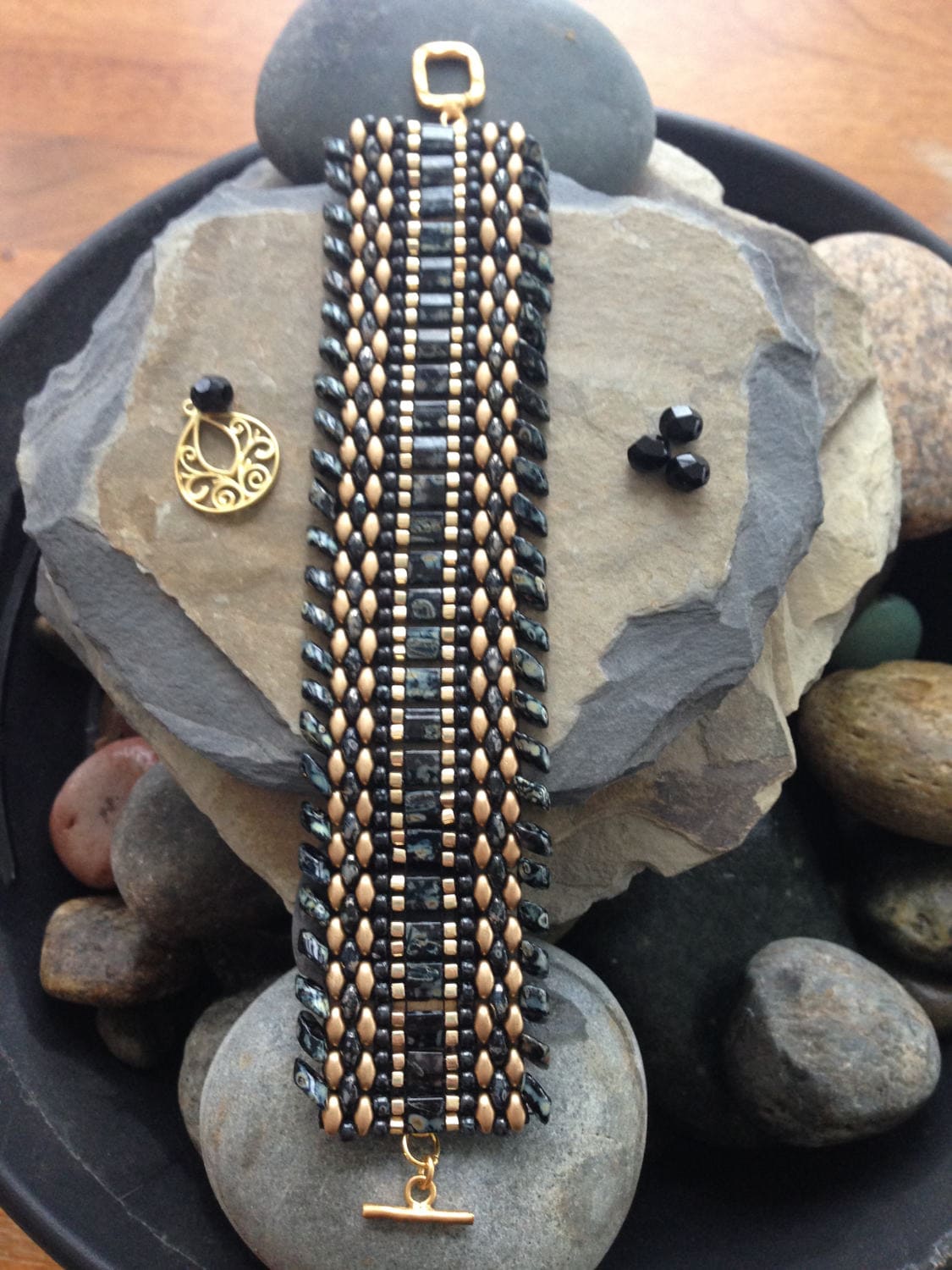 Three Beaded Marble Bracelet in Black