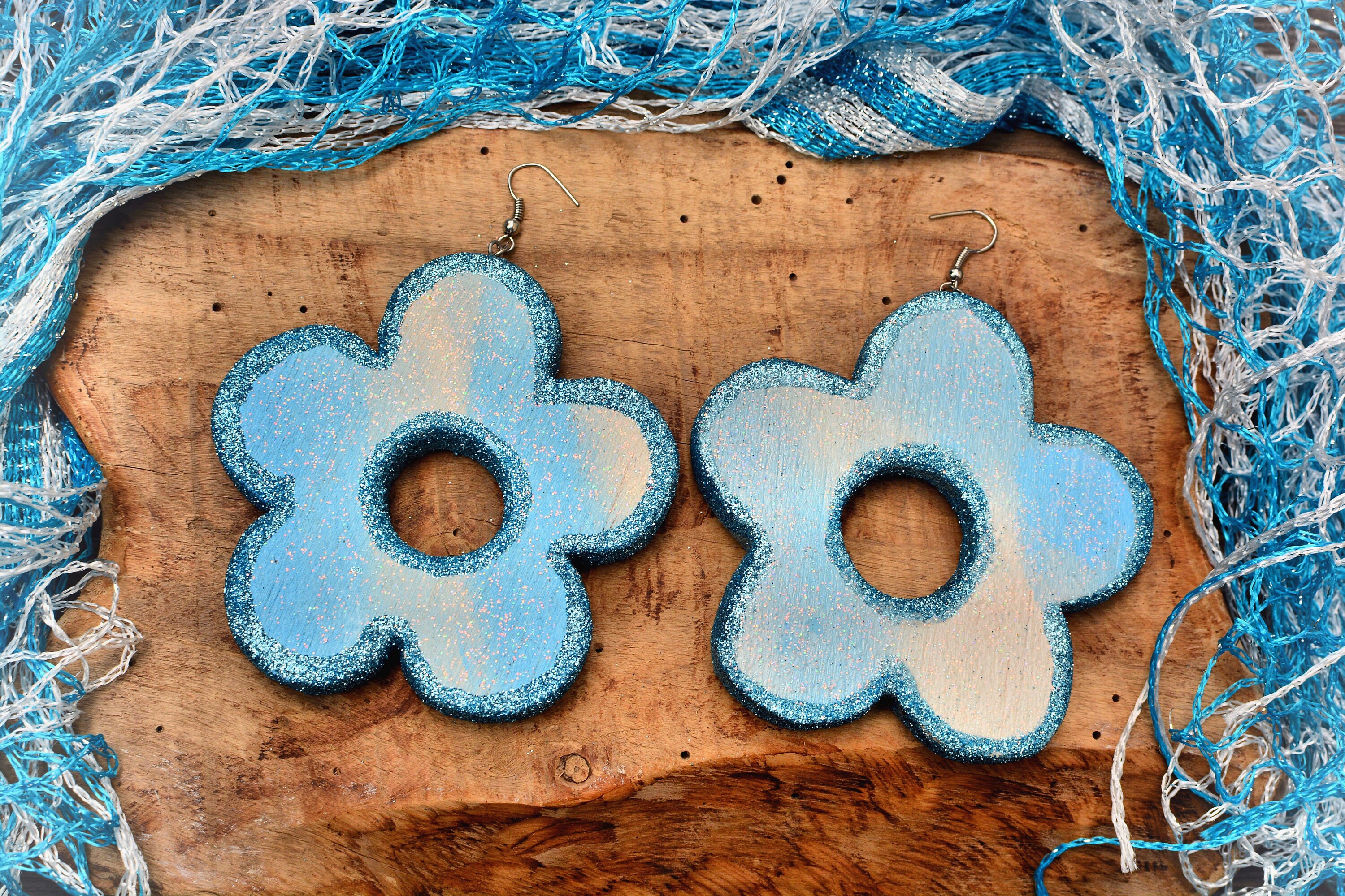 Azure flower balsa wood earrings.