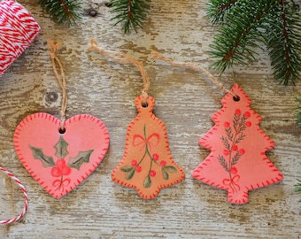Set of 3 polymer clay "Red Ribbon" decorations.