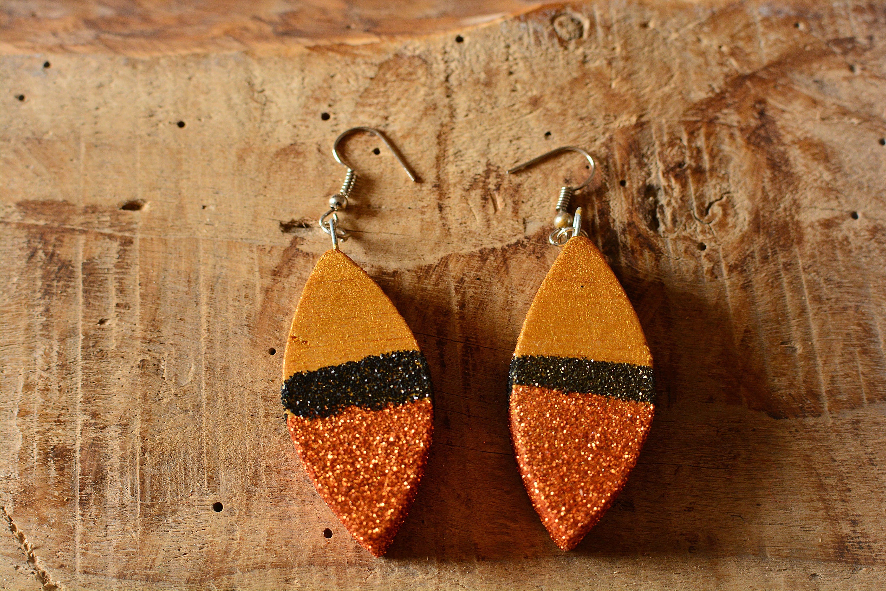 Modern style Gold balsa wood earrings.