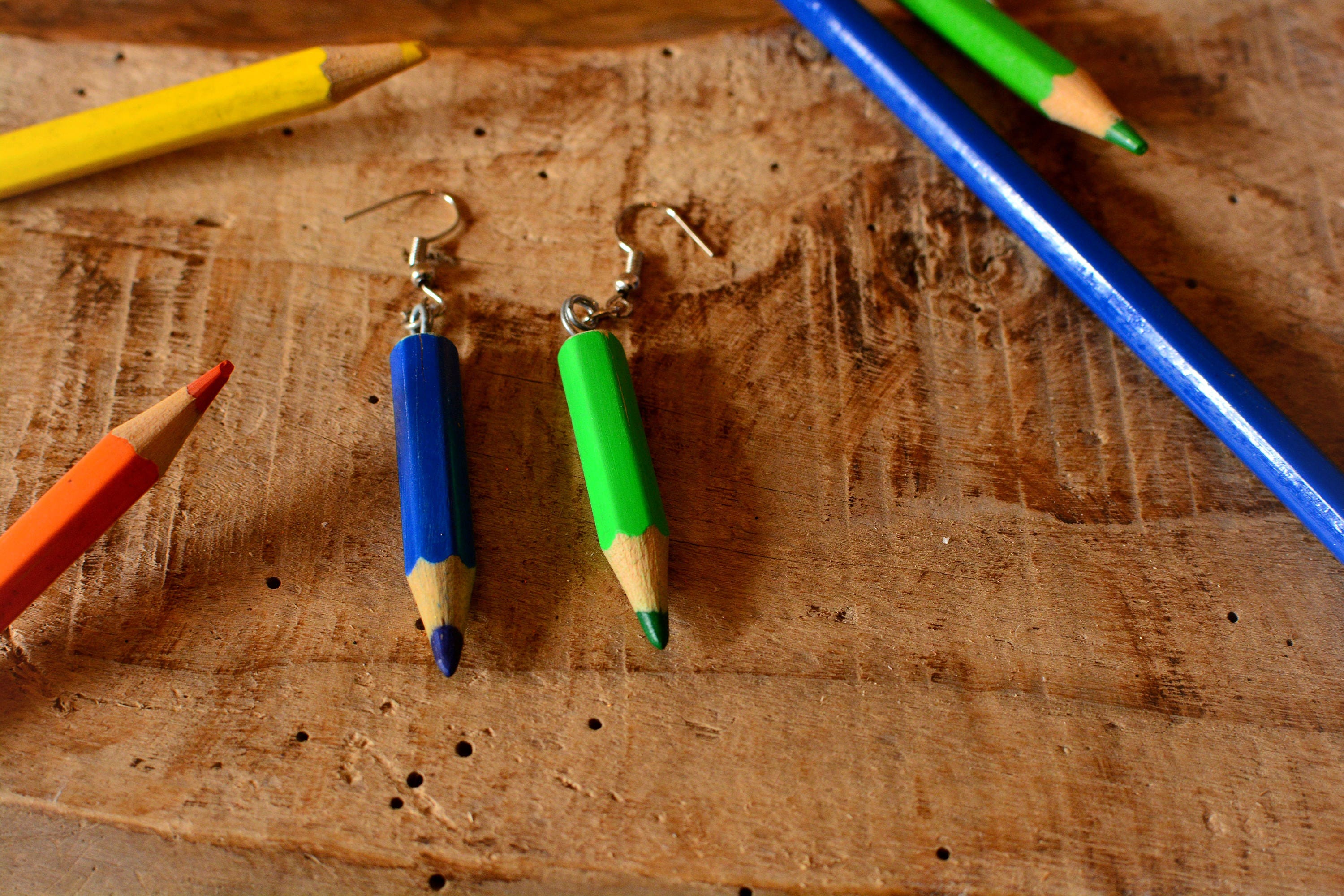 Wooden upcycled colored pencils earrings.