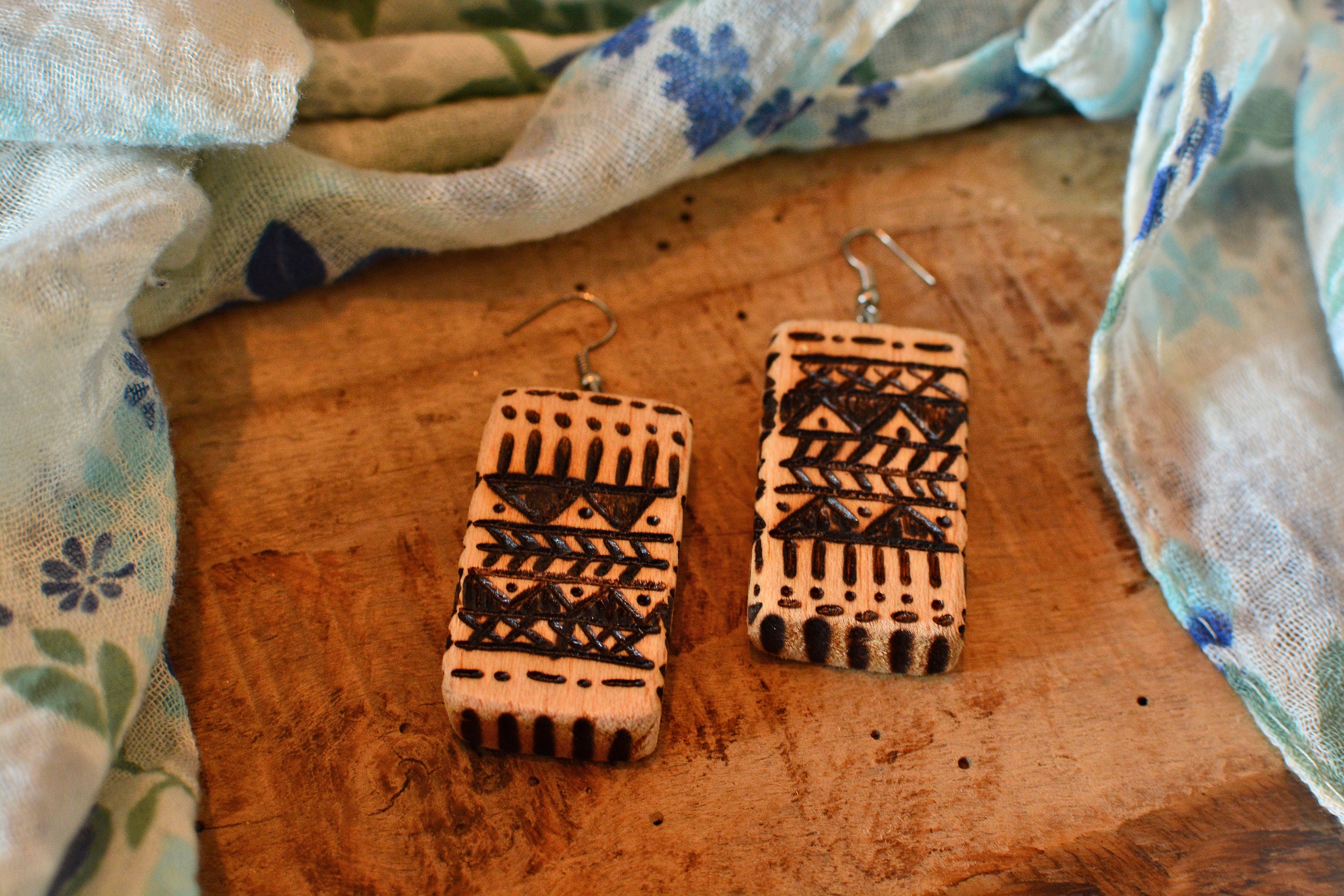 Rustic/ethnic style balsa wood earrings.