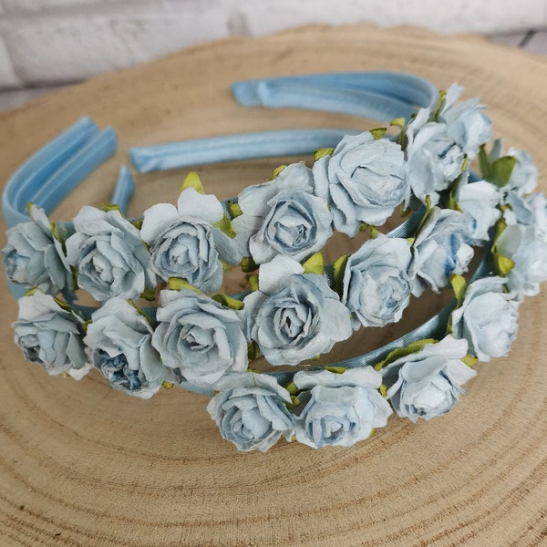 DUSKY blue roses headband for Bridesmaid Flowergirl etc, Blue mulberry paper rose headband, Soft dusky blue roses headband