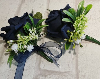 Luxury Dark Navy rose buttonhole or Ladies Buttonhole style Corsage,