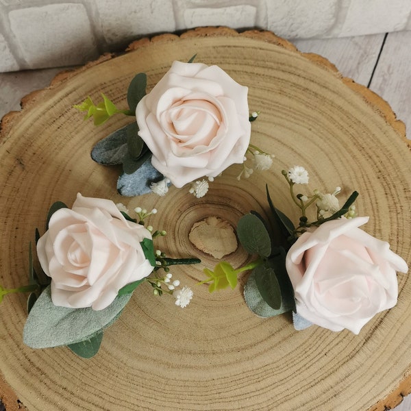 Baby pink buttonhole with eucalyptus, soft pink single buttonhole, light pink buttonhole with eucalyptus and lambs ears