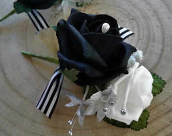 Black and white double buttonhole for Groom Gents can also be worn as ladies wedding button hole style lapel corsage