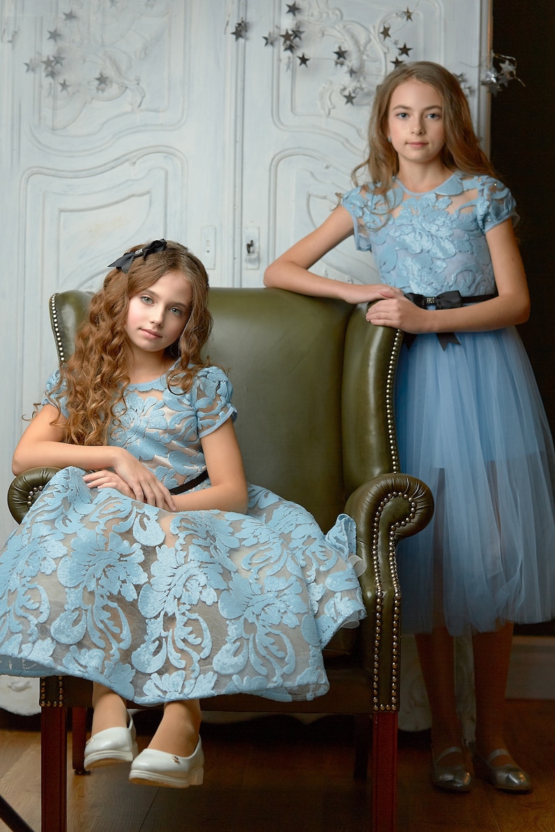 Fancy Light Blue Girl Dress Sleeves Sequin Lace BODICE Layered Etsy