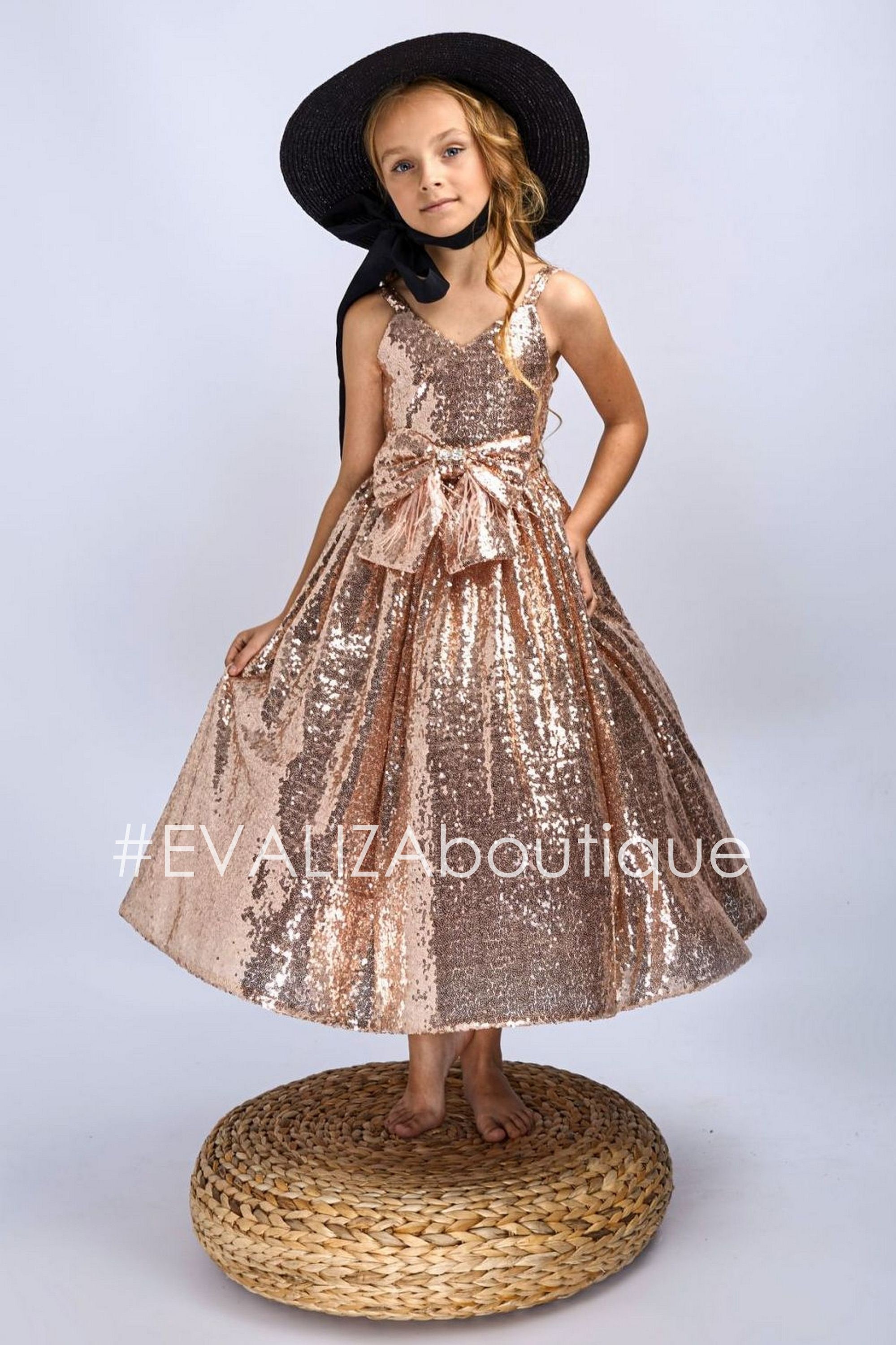 Rose Gold Flower Girl Dress Sequin Blush Bow Gown Toddler Etsy