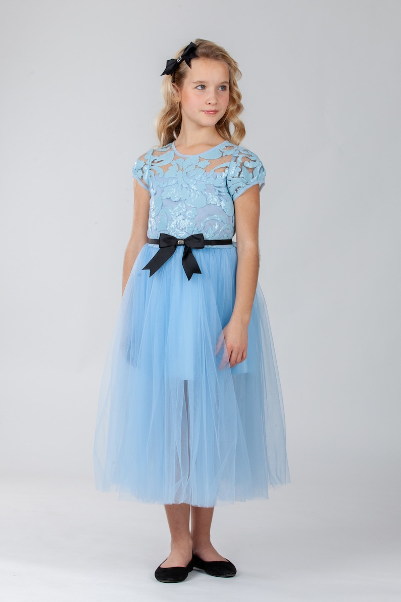 Light Blue Girl Dress Sleeves Micro Sequin Lace BODICE Layered Etsy