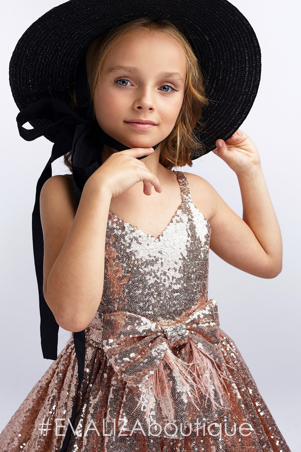 Rose Gold Flower Girl Dress Sequin Blush Bow Gown Toddler Etsy