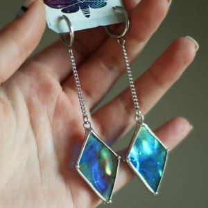 Blue wave earrings, Rhombus rainbow earring, Long chain earrings, Stained Glass earring, Cobalt blue earrings, Gifts for women, hoop earring