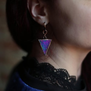 Blue Electroformed Triangle Earrings, Raw Copper Glass Dangles, Translucent Sky Blue Drops, Boho Iridescent