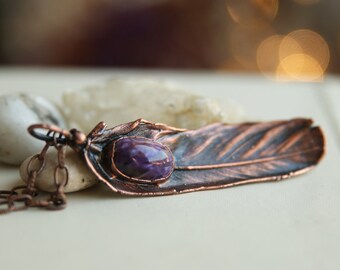 Raw stone necklace, Charoite crystal pendant, Feather jewelry, Electroformed jewelry, ZebraArtStudio, Nature jewellery, Copper, Feather gift