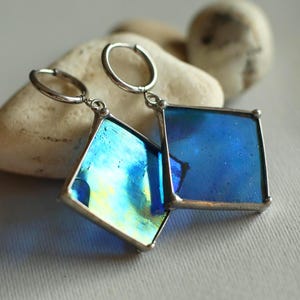 Rhombus hoop earrings, Blue iridescent earrings, Stained glass earring, Sparkle Earrings, Iridescent jewelry, Blue Rhombus hoops