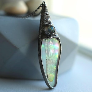 Puede incluir: Collar con colgante de plata con diseño de ala de libélula. El colgante tiene un ala iridiscente dentro de un marco plateado. La parte superior del colgante tiene un diseño texturizado y una pequeña gema azul redonda. La cadena del collar es de color plata oscura.