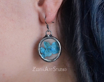 Real Blue Hydrangea Earrings, Stained Glass Botanical Jewelry, Hippie jewelry, Fower jewellery, Nature earring
