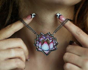 Stained glass lotus flower necklace, Lotus flower charm, Hand painted jewelry, Symbolic Jewelry, Spiritual Necklace, Dainty lotus pendant