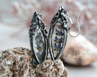 Pressed Lavender Flower Earrings, Terrarium Dangle Jewelry,  Floral earring, Purple Glass Jewellery, ZebraArtStudio