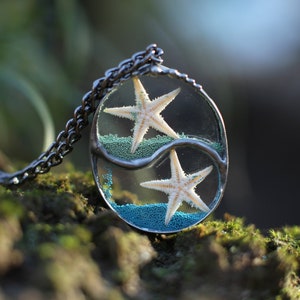 Starfish necklace, Shaker Locket Pendant, Ocean Wave Necklace, Ocean jewelry, Yin Yang pendant, Sea pendant, Water pendant, Shaker necklace,